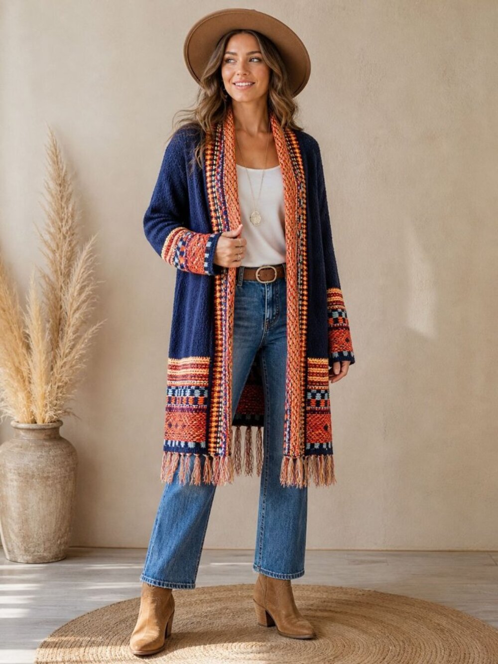 Aztec Tribal Open Cardigan With Fringe Bottom Size S/M Western Bohemian
